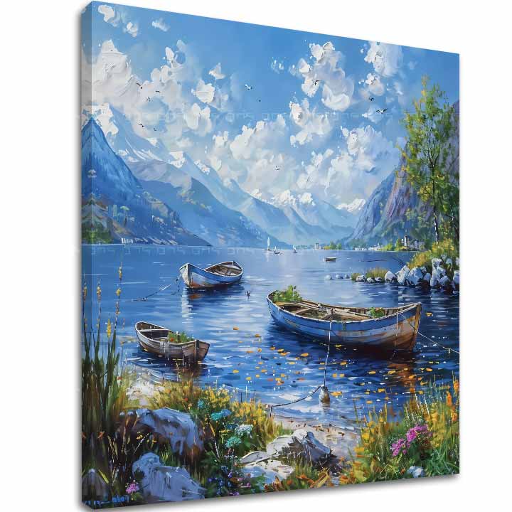 Moderan slika na platnu s motivom Pokojné jezero, planine, jezero, oblaci, mirna atmosfera, priroda i mir i ravnoteža | Slika pejzaža na platnu Pokojné jezero – glavna