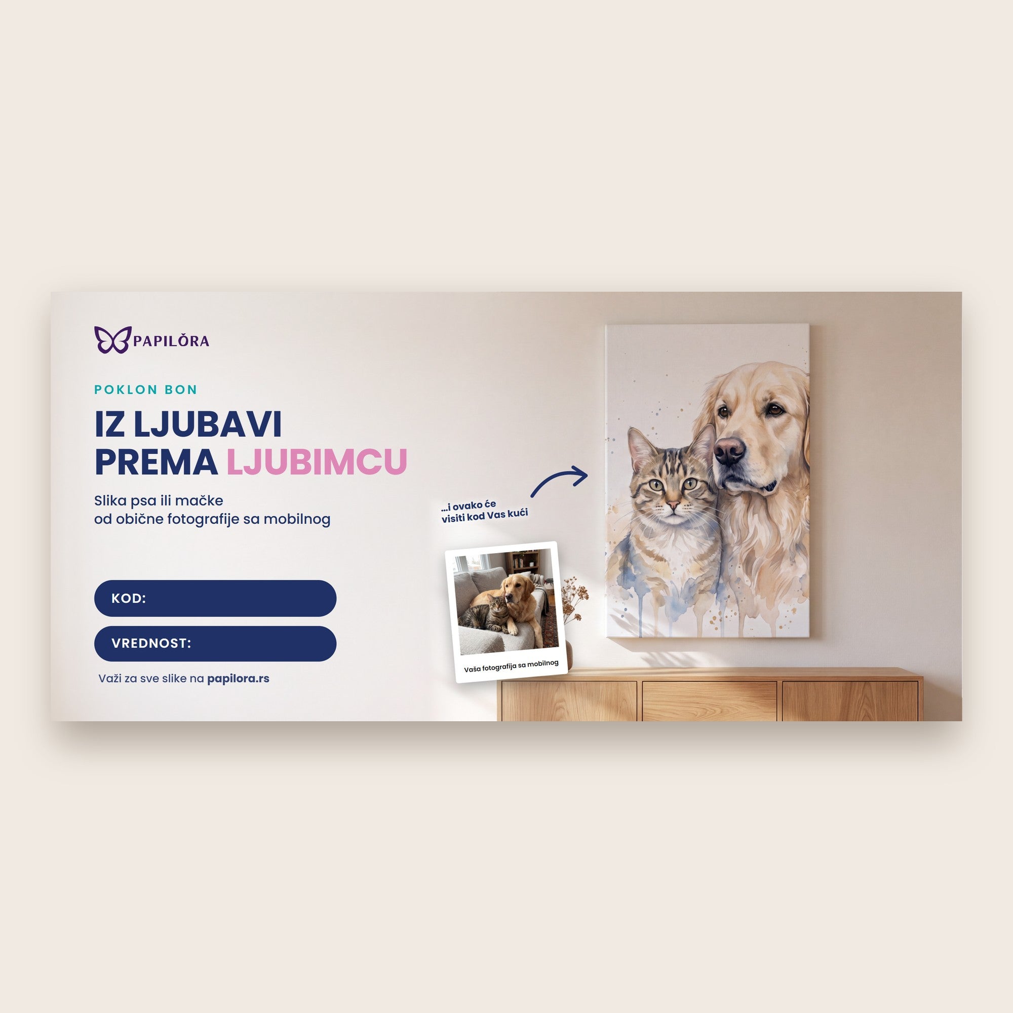 Poklon vaučer za personalizovanu sliku psa ili mačke sa fotografije