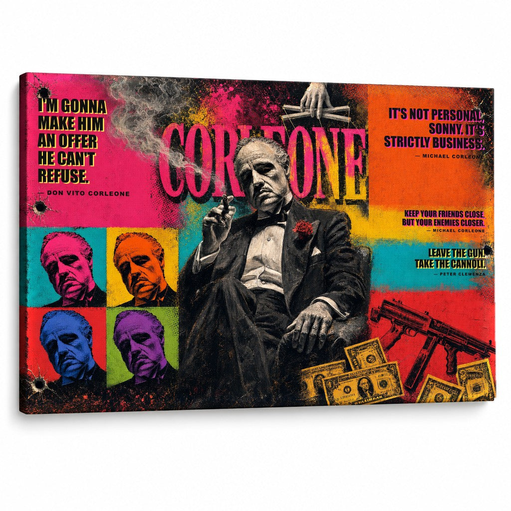 Pop art slika Kum sa likom Dona Vita Korleonea i filmskim citatima na kvalitetnom platnu za moderan enterijer, brend Papilora.