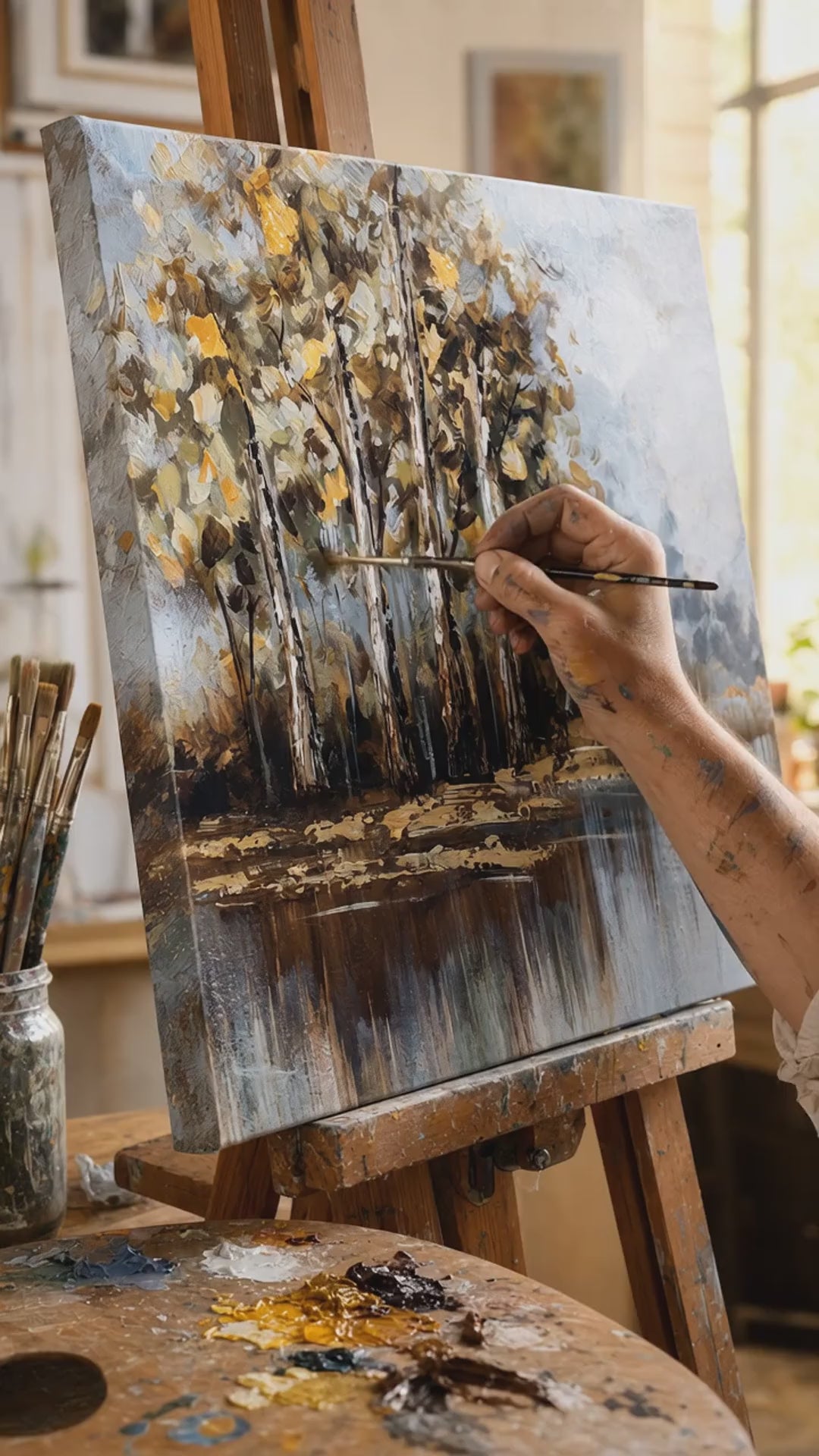 Ručno oslikana zidna slika DRVEĆE 1 deo - 60x60 cm. Ручно сликан оригинал на платну, аутентичан ентеријерни декор, жена разгледа дело у стилском светлом ентеријеру. Papilora — Crafted for Home (CFAZH5236E1).