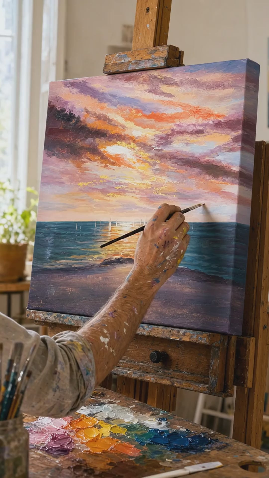 Ručno oslikana zidna slika ZAPADNA SLNKA 1-delna 70x60 cm. Ручно сликан оригинал на платну, аутентичан ентеријерни декор, жена разгледа дело у стилском светлом ентеријеру. Papilora — Crafted for Home (CFAZH6434E1).