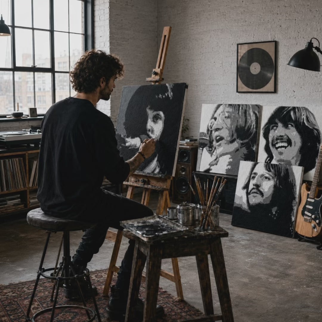 Ručno oslikana POP art slika BIJONSE 1 komad bey6 – видео приказ процеса ручног осликавања. Доминантне боје: црна, наранџаста, бела, сива.