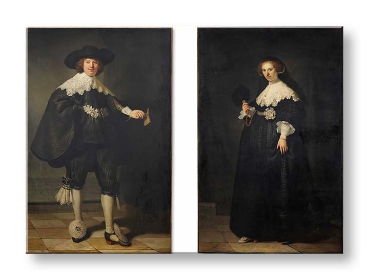Vintage slika na platnu s motivom muškarac, žena, par, ljudi u belo-bežih nijansama | Slika na platnu Rembrandt - Portréty Martena Soolmansa i Oopjena Coppita – proizvod