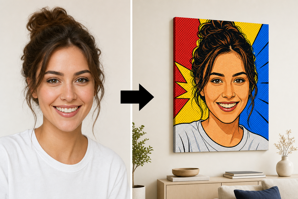 Strip pop-art slika iz fotografije – pre i posle: fotografija pretvorena u sliku na platnu, Papilora