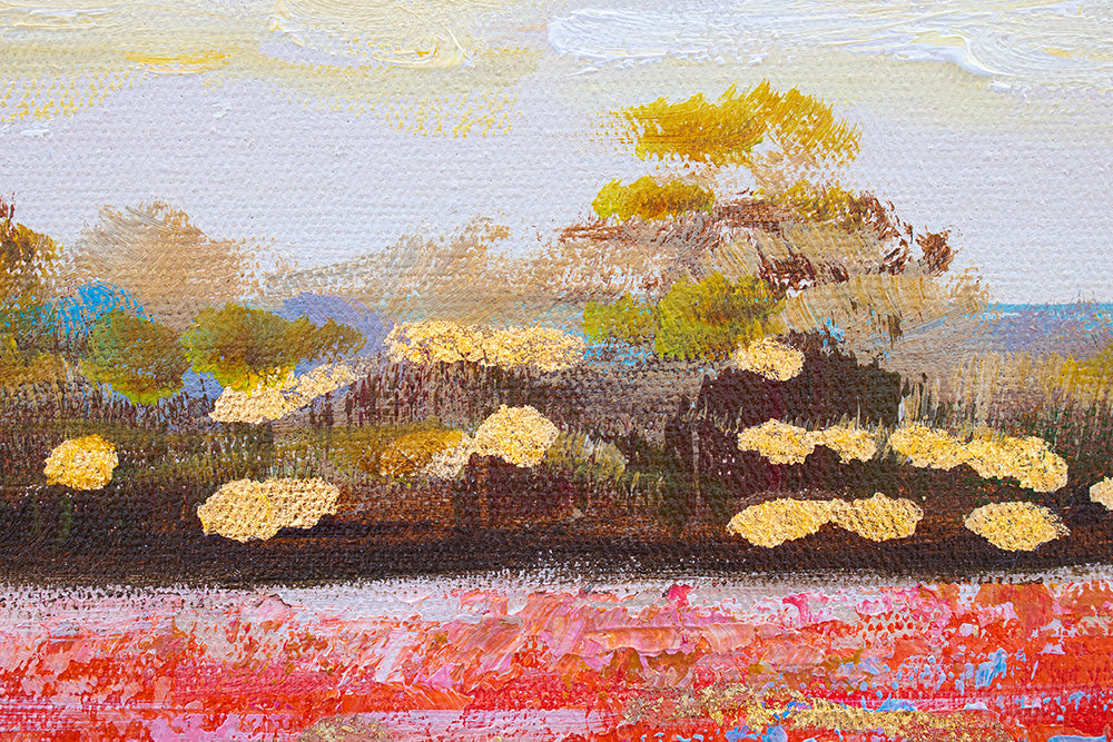 Ručno slikan slika na platnu s motivom LIVADA, makovi, drveće, nebo, pejzaž u višebojnih nijansama, mirna atmosfera, prolećna atmosfera i priroda – proizvod