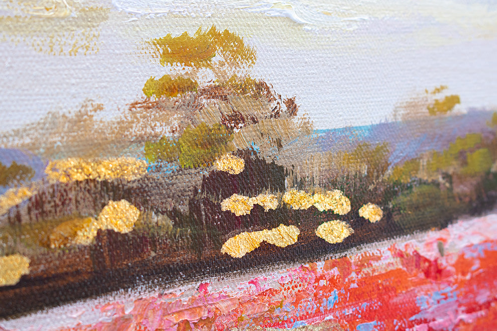 Ručno slikan slika na platnu s motivom LIVADA, makovi, drveće, nebo, pejzaž u višebojnih nijansama, mirna atmosfera, prolećna atmosfera i priroda – proizvod, pogled 2