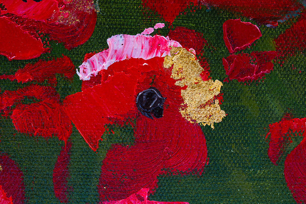 Ručno slikan slika na platnu s motivom LIVADA, makovi, drveće, nebo, pejzaž u višebojnih nijansama, mirna atmosfera, prolećna atmosfera i priroda – proizvod, pogled 3