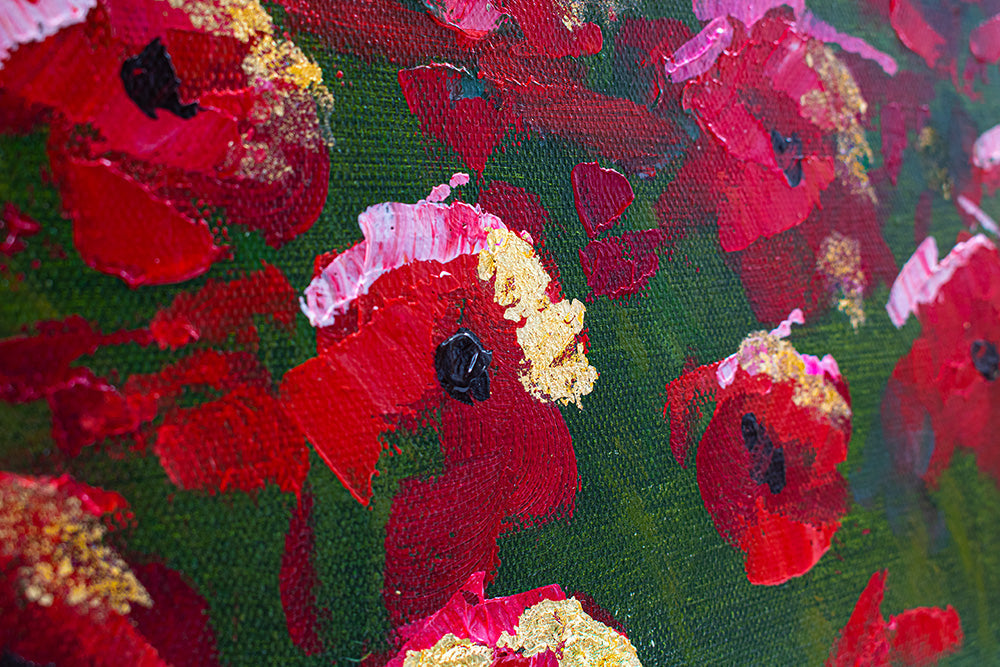 Ručno slikan slika na platnu s motivom LIVADA, makovi, drveće, nebo, pejzaž u višebojnih nijansama, mirna atmosfera, prolećna atmosfera i priroda – proizvod, pogled 4