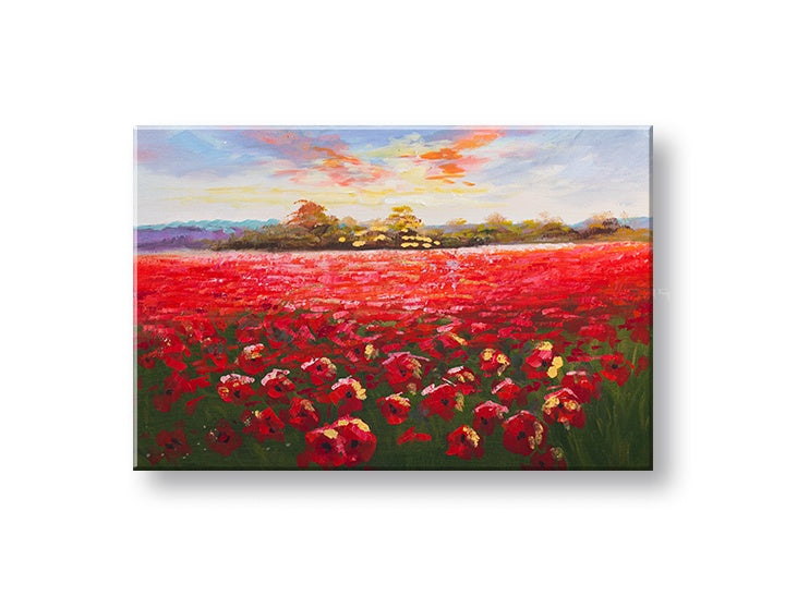 Ručno slikan slika s motivom LIVADA, makovi, drveće u višebojnih nijansama | Slikana slika za zid LIVADA, prolećna atmosfera i priroda – pregled
