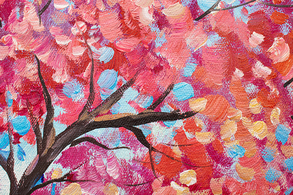 Ručno slikan slika na platnu s motivom BENÁTKY, cvet trešnje, brod, most, arhitektura u belo-plavih nijansama, romantična atmosfera, pogodan za dnevnog boravka – proizvod