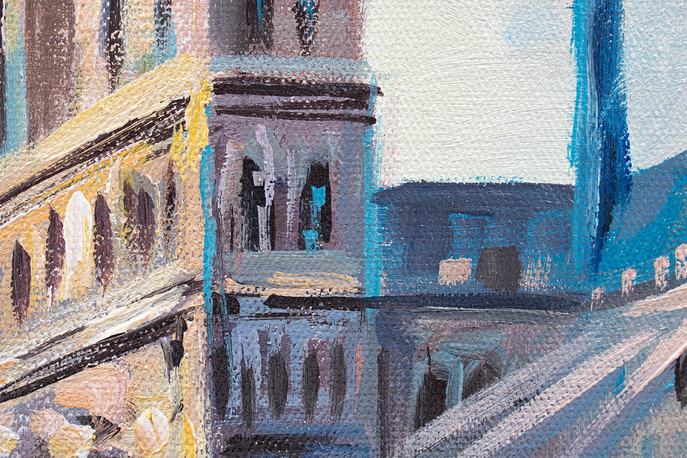 Ručno slikan slika na platnu s motivom BENÁTKY, cvet trešnje, brod, most, arhitektura u belo-plavih nijansama, romantična atmosfera, pogodan za dnevnog boravka – proizvod, pogled 3