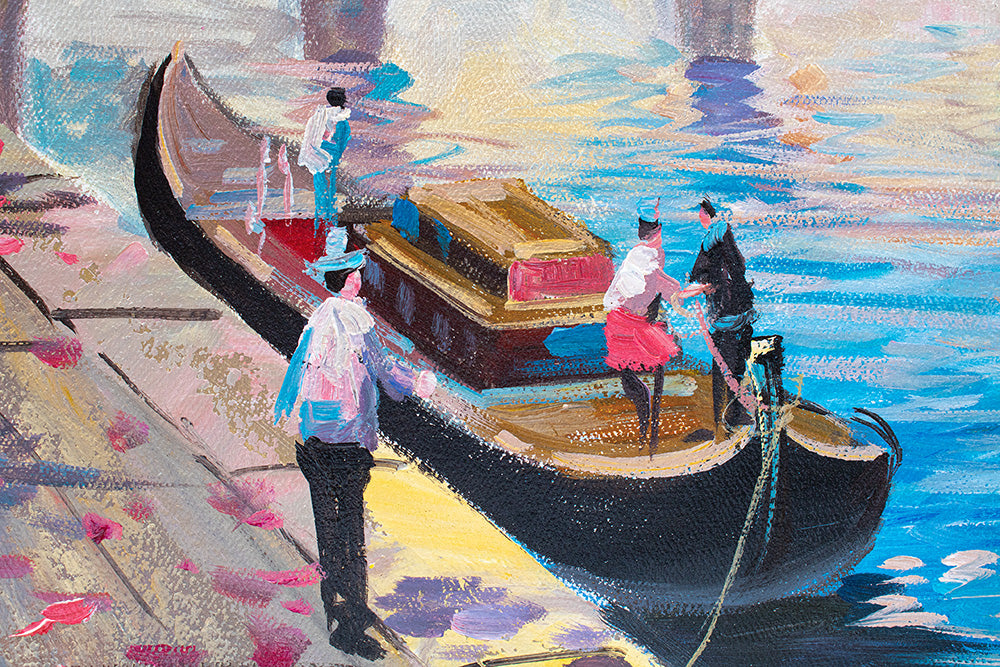 Ručno slikan slika na platnu s motivom BENÁTKY, cvet trešnje, brod, most, arhitektura u belo-plavih nijansama, romantična atmosfera, pogodan za dnevnog boravka – proizvod, pogled 4