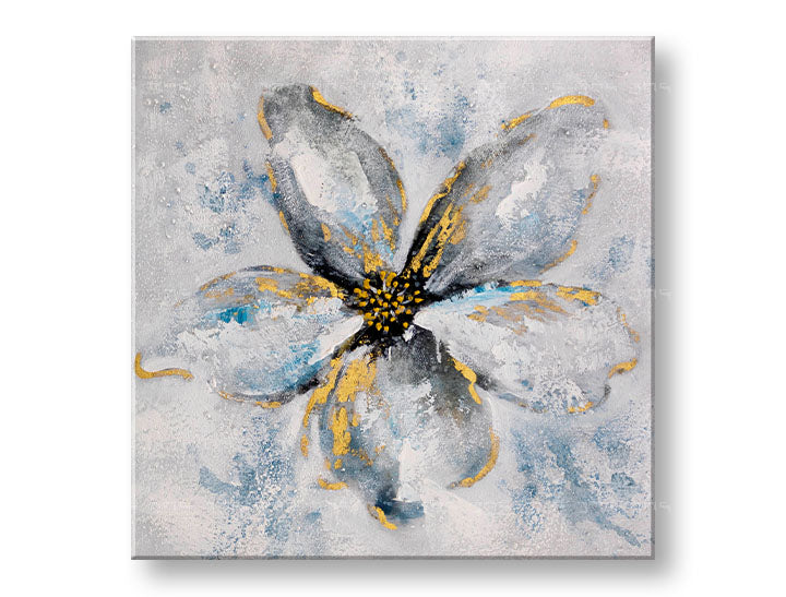 Ručno slikan slika na platnu s motivom cvet, cveće, priroda u belo-plavih nijansama, mirna atmosfera, priroda i rast i razvoj, pogodan za kuhinje – glavna