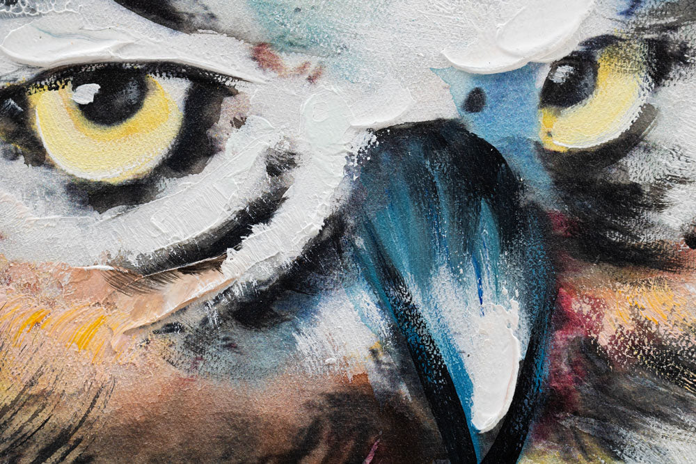 Ručno slikan slika na platnu s motivom SOVA, ptica u belo-plavih nijansama, priroda i mudrost, pogodan za dnevnog boravka | Slikana slika za zid SOVA – proizvod