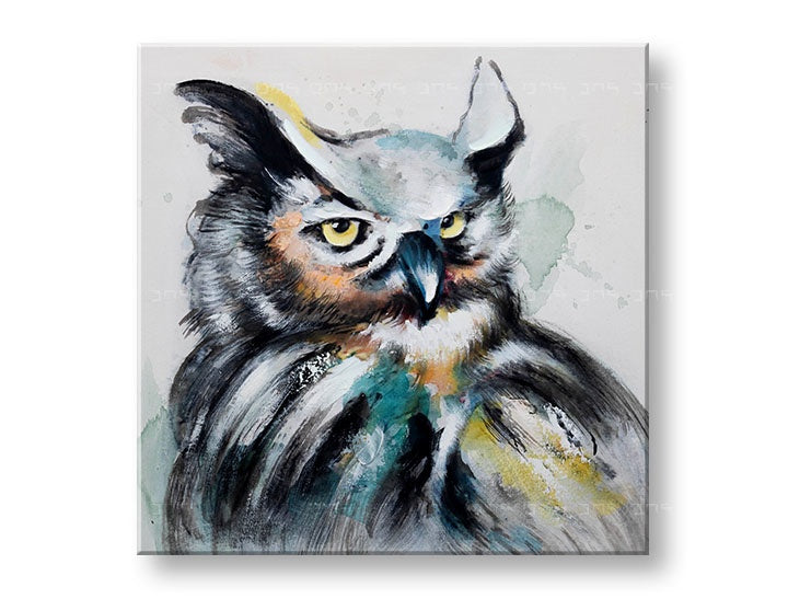 Ručno slikan slika s motivom SOVA, ptica u belo-plavih nijansama | Slikana slika za zid SOVA, priroda i mudrost – pregled