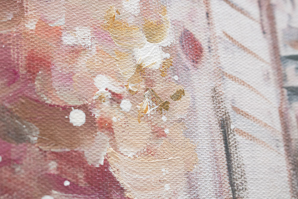 Ručno slikan slika na platnu s motivom PARIZ, Ajfelov toranj, cvet trešnje, kiša, gradski motiv u ružičasto-crvenih nijansama, pogodan za spavaće sobe – proizvod