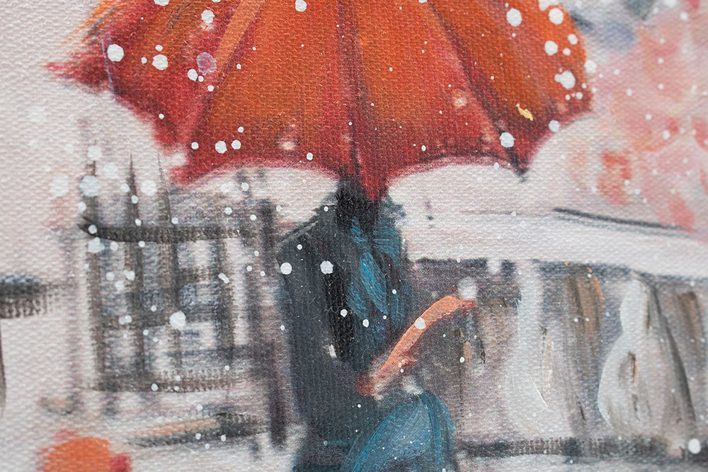 Ručno slikan slika na platnu s motivom PARIZ, Ajfelov toranj, cvet trešnje, kiša, gradski motiv u ružičasto-crvenih nijansama, pogodan za spavaće sobe – proizvod, pogled 2