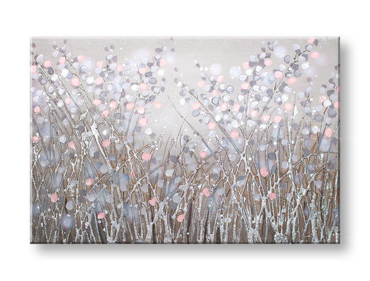 Ručno slikan slika na platnu s motivom polje, cveće, priroda u belo-ružičastih nijansama, mirna atmosfera, priroda i prolećna atmosfera, pogodan za hodnika – glavna