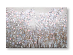 Ručno slikan slika na platnu s motivom polje, cveće, priroda u belo-ružičastih nijansama, mirna atmosfera, priroda i prolećna atmosfera, pogodan za hodnika – glavna