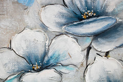 Ručno slikan slika na platnu s motivom cveće, makovi, priroda u belo-plavih nijansama, mirna atmosfera, priroda i prolećna atmosfera, pogodan za spavaće sobe – proizvod