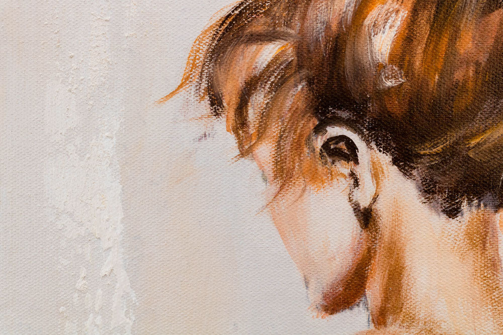 Ručno slikan slika na platnu s motivom ŽENA u bež-smeđih nijansama, elegantna atmosfera, elegancija i lepota, pogodan za spavaće sobe | Slikana slika za zid ŽENA – proizvod