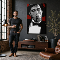 Ručno oslikana POP ART slika AL PACINO 70k100 cm – слика у модерном мушком ентеријеру, lifestyle визуелизација. Доминантне боје: červená, čierna, sivá, biela.
