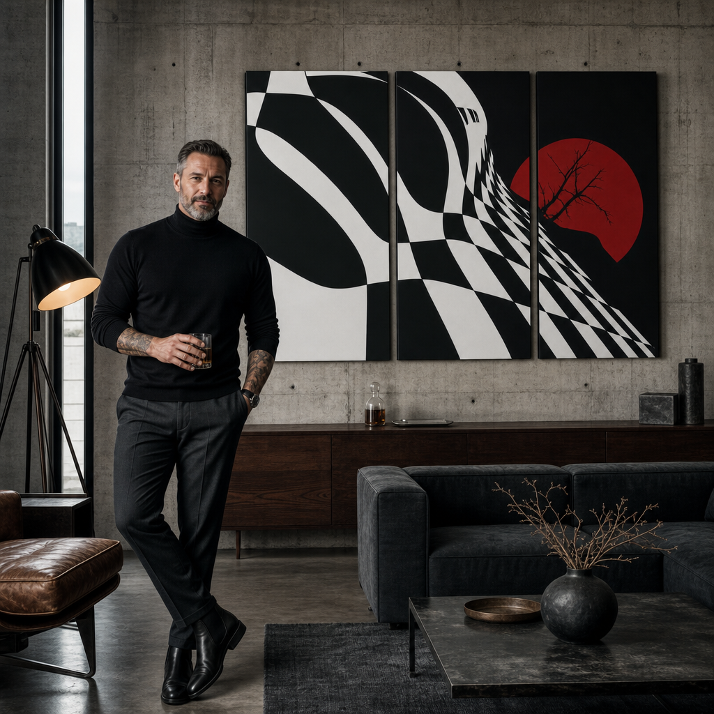Ručno oslikana POP art apstraktna slika šahovske table od 3 dela – слика у модерном мушком ентеријеру, lifestyle визуелизација. Доминантне боје: црна, бела, црвена.