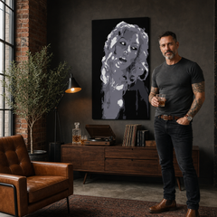 Ručno oslikana POP art Kristina Agilera 1 komad ca2 – слика у модерном мушком ентеријеру, lifestyle визуелизација. Доминантне боје: црна, бела, сива.