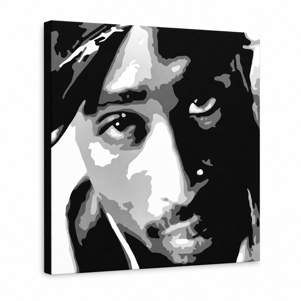 Ručno oslikana POP art slika 2 PAC 1 komad 2pac – 3D визуелизација ручно осликаног платна на белој позадини. Доминантне боје: црна, бела, сива.