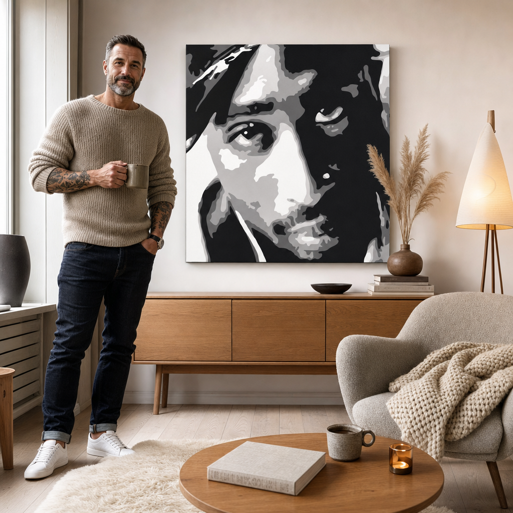 Ručno oslikana POP art slika 2 PAC 1 komad 2pac – слика у модерном мушком ентеријеру, lifestyle визуелизација. Доминантне боје: црна, бела, сива.
