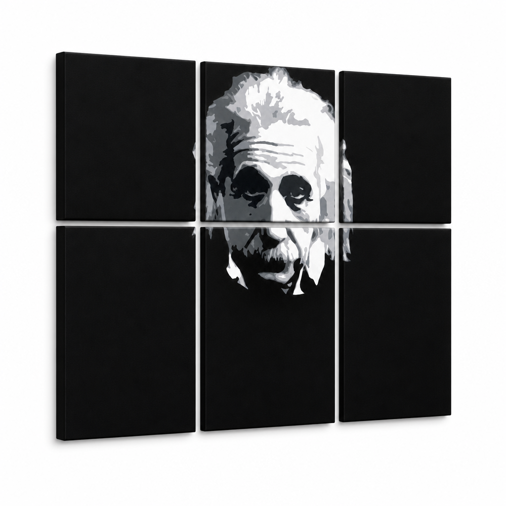 Ručno oslikana POP art slika Ajnštajn, 6 delova Ajnštajna – 3D визуелизација ручно осликаног платна на белој позадини. Доминантне боје: црна, бела, сива.
