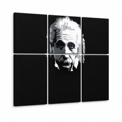 Ručno oslikana POP art slika Ajnštajn, 6 delova Ajnštajna – 3D визуелизација ручно осликаног платна на белој позадини. Доминантне боје: црна, бела, сива.