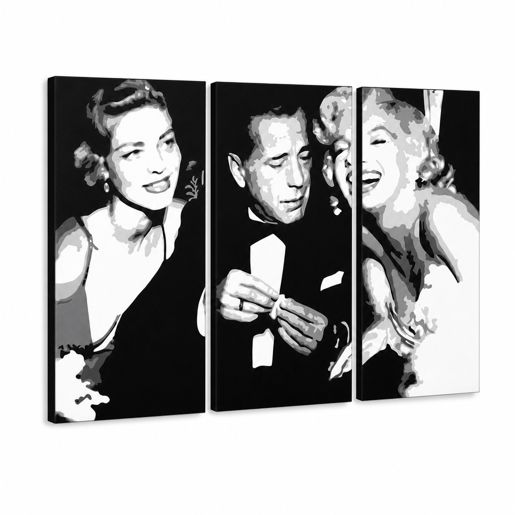 Ručno oslikana POP art slika AL Bogard, 3 dela, bog2 – 3D визуелизација ручно осликаног платна на белој позадини. Доминантне боје: црна, бела, сива.