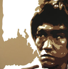 Ručno slikan slika na platnu s motivom AL Bruce Lee u smeđe-belih nijansama, intenzivna atmosfera, snaga i ikonografija | Ručno slikan POP Art slika AL Bruce Lee – proizvod, pogled 2