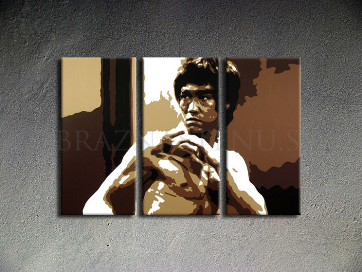 Ručno slikan slika na platnu s motivom AL Bruce Lee u smeđe-belih nijansama, intenzivna atmosfera, snaga i ikonografija | Ručno slikan POP Art slika AL Bruce Lee – proizvod