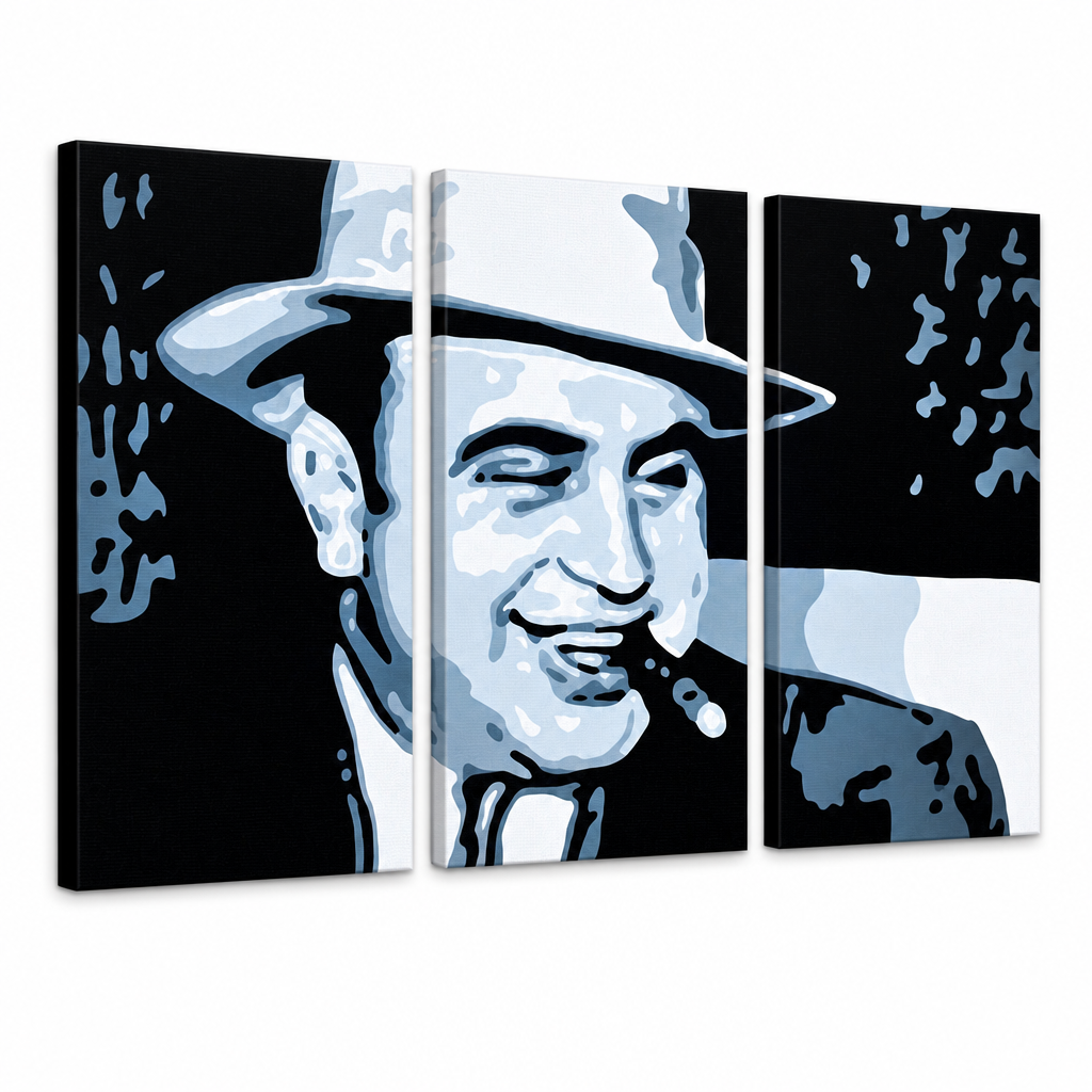 Ručno oslikana POP ART slika AL CAPONE – 3D визуелизација ручно осликаног платна на белој позадини. Доминантне боје: црна, плава, бела.