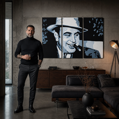 Ručno oslikana POP ART slika AL CAPONE – слика у модерном мушком ентеријеру, lifestyle визуелизација. Доминантне боје: црна, плава, бела.