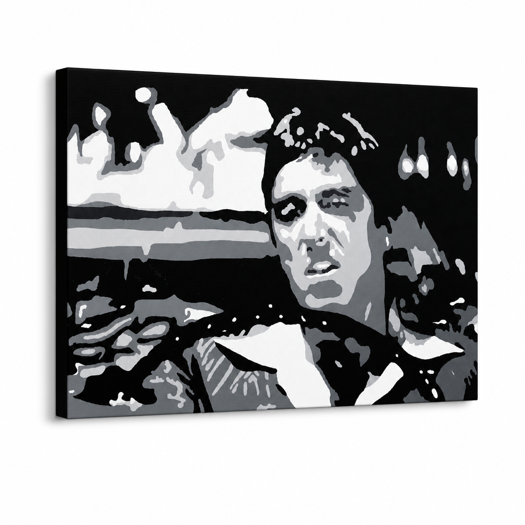 Ručno oslikana POP Art slika AL PAĆINO 1 komad al13 – 3D визуелизација ручно осликаног платна на белој позадини. Доминантне боје: црна, бела, сива.