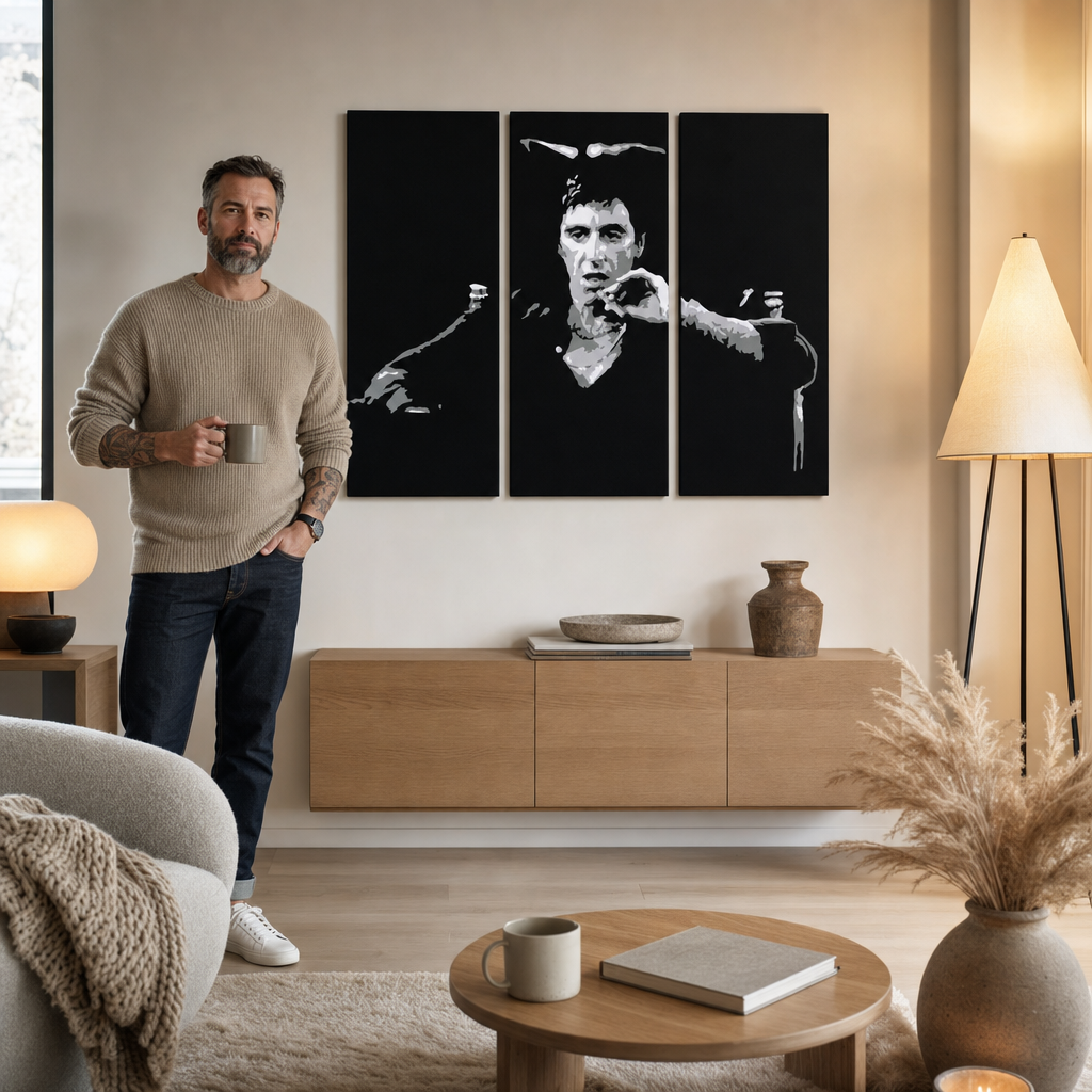 Ručno oslikana POP art slika AL PAĆINO 3 dela al27 – слика у модерном мушком ентеријеру, lifestyle визуелизација. Доминантне боје: црна, сива, бела.
