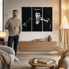 Ručno oslikana POP art slika AL PAĆINO 3 dela al27 – слика у модерном мушком ентеријеру, lifestyle визуелизација. Доминантне боје: црна, сива, бела.