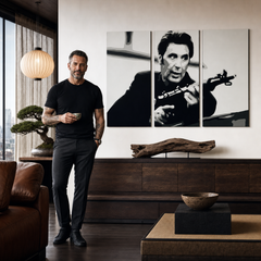 Ručno oslikana POP art slika AL PAĆINO 3 dela al4 – слика у модерном мушком ентеријеру, lifestyle визуелизација. Доминантне боје: црна, бела, сива.