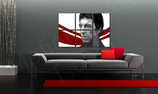 Ručno slikan slika na platnu s motivom AL PACINO u belo-crnih nijansama okačena u enterijeru dnevnog boravka, urbana atmosfera, gradski život i pop kultura – enterijer