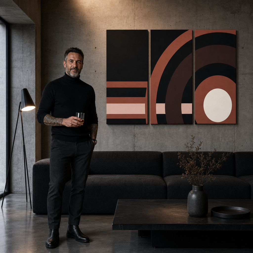 Ručno oslikana POP art slika APSTRAKTNA slika od 3 dela apstrakt2 – слика у модерном мушком ентеријеру, lifestyle визуелизација. Доминантне боје: црна, смеђа, розе, беж.