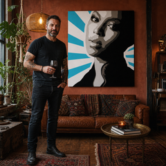 Ručno oslikana POP art slika BIJONSE 1 komad bey5 – слика у модерном мушком ентеријеру, lifestyle визуелизација. Доминантне боје: црна, плава, бела, сива, смеђа.