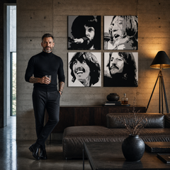 Ručno oslikana POP art slika BITLSA od 4 dela bea4 – слика у модерном мушком ентеријеру, lifestyle визуелизација. Доминантне боје: црна, бела, сива.