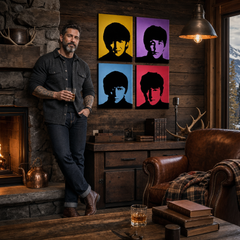 Ručno oslikana POP art slika BITLSA od 4 dela, bea6 – слика у модерном мушком ентеријеру, lifestyle визуелизација. Доминантне боје: жута, љубичаста, плава, црвена, црна.