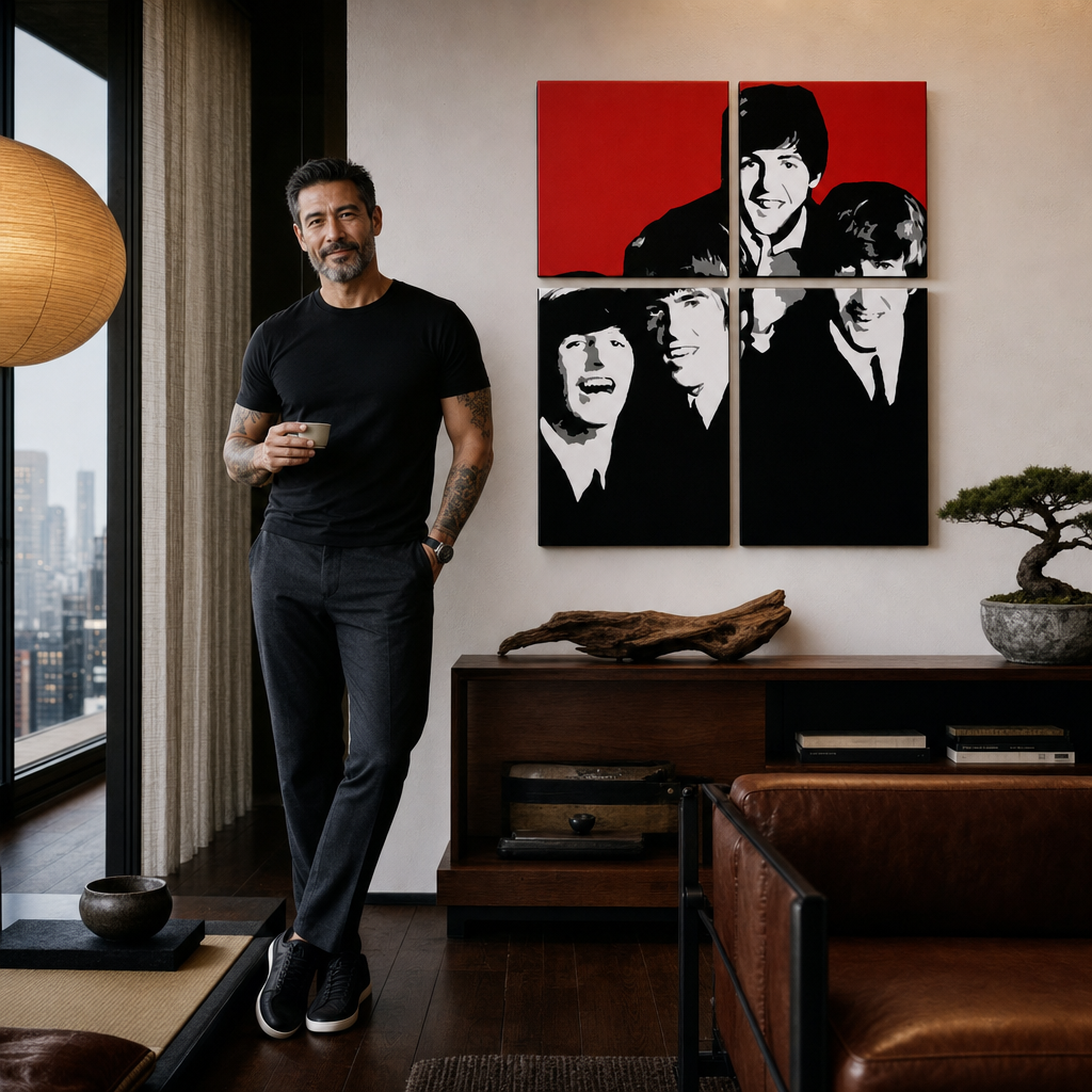 Ručno oslikana POP art slika BITLSA od 4 dela bea7 – слика у модерном мушком ентеријеру, lifestyle визуелизација. Доминантне боје: црвена, црна, бела, сива.