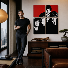 Ručno oslikana POP art slika BITLSA od 4 dela bea7 – слика у модерном мушком ентеријеру, lifestyle визуелизација. Доминантне боје: црвена, црна, бела, сива.