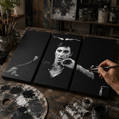 Ručno oslikana POP art slika BITLSA sa 4 komada rita – Атеље Papilora – ручно осликавање POP Art платна. Доминантне боје: црна, плава, црвена, беж.