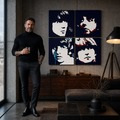 Ručno oslikana POP art slika BITLSA sa 4 komada rita – слика у модерном мушком ентеријеру, lifestyle визуелизација. Доминантне боје: црна, плава, црвена, беж.